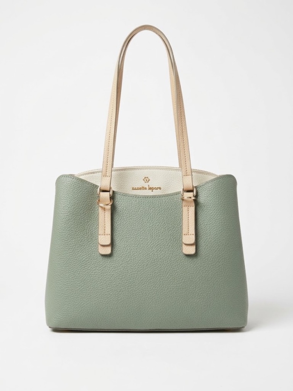 Nanette Lepore sage green tote with tan straps